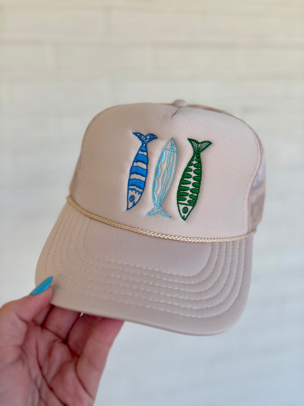 Tan Trucker Hat with Cool Toned Sardines coastal cowgirl aesthetic womens rope hat fishing summer beach
