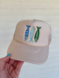 Tan Trucker Hat with Cool Toned Sardines coastal cowgirl aesthetic womens rope hat fishing summer beach