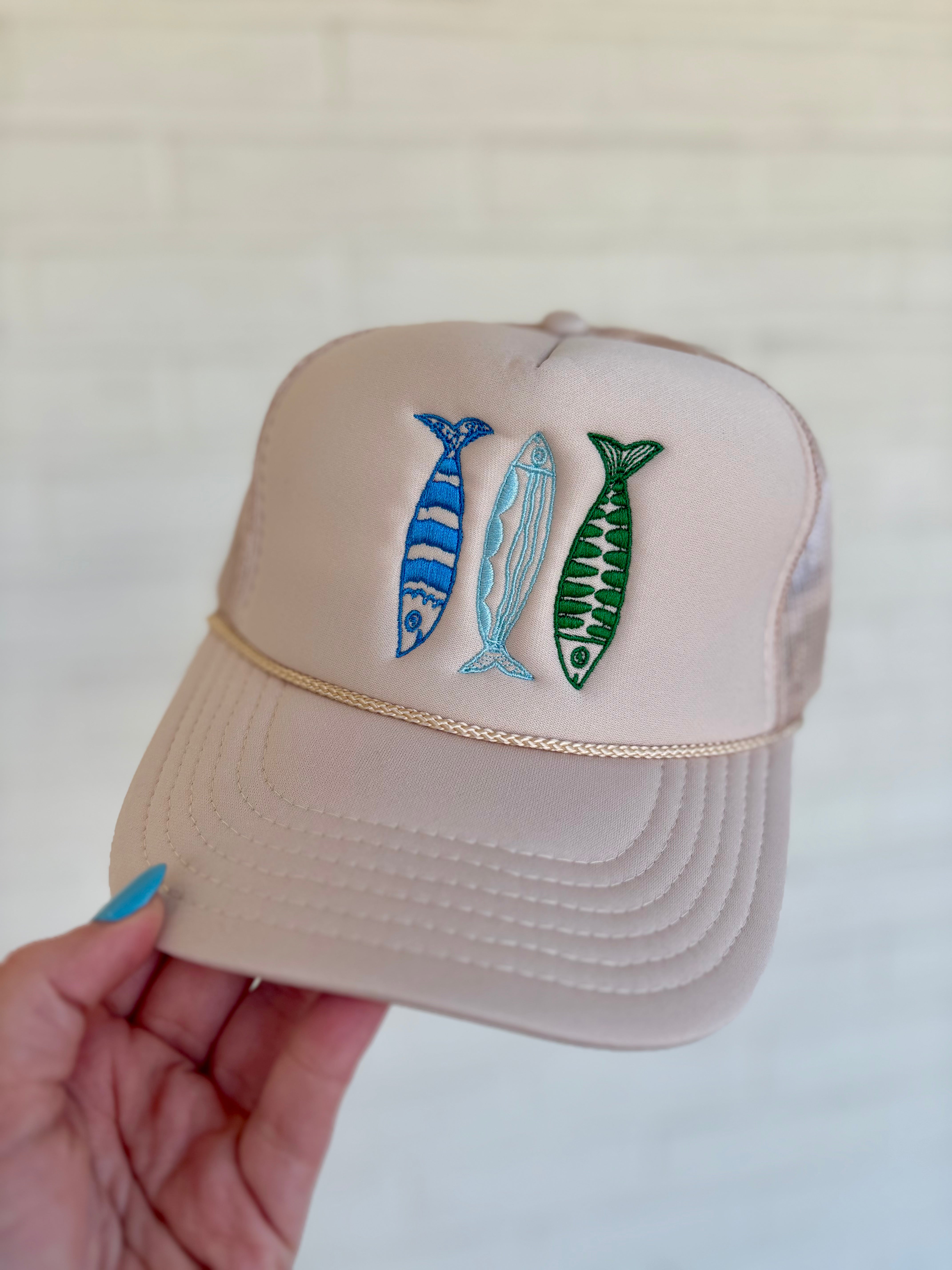Tan Trucker Hat with Cool Toned Sardines coastal cowgirl aesthetic womens rope hat fishing summer beach