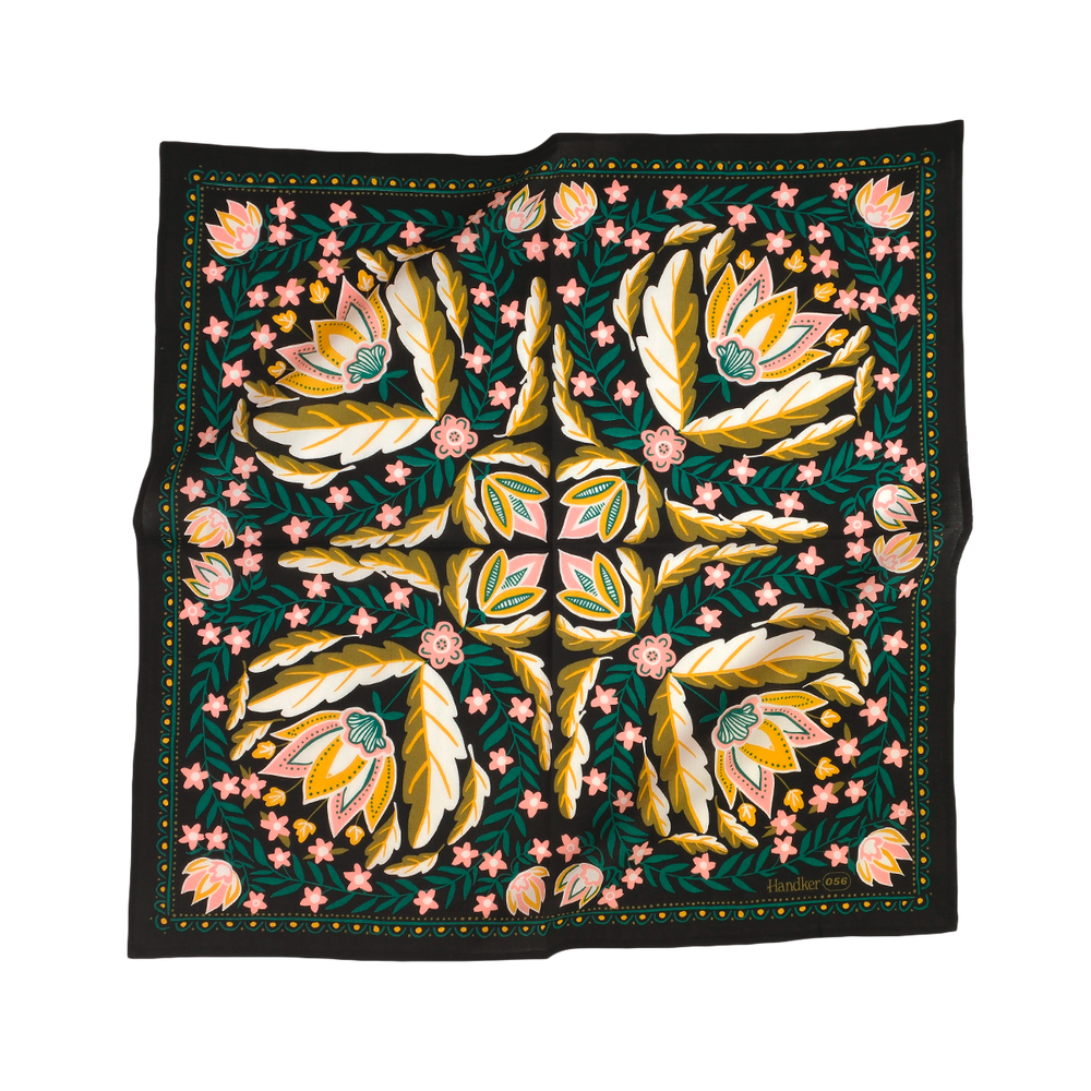 Decorative bandana with floral pattern on a black background