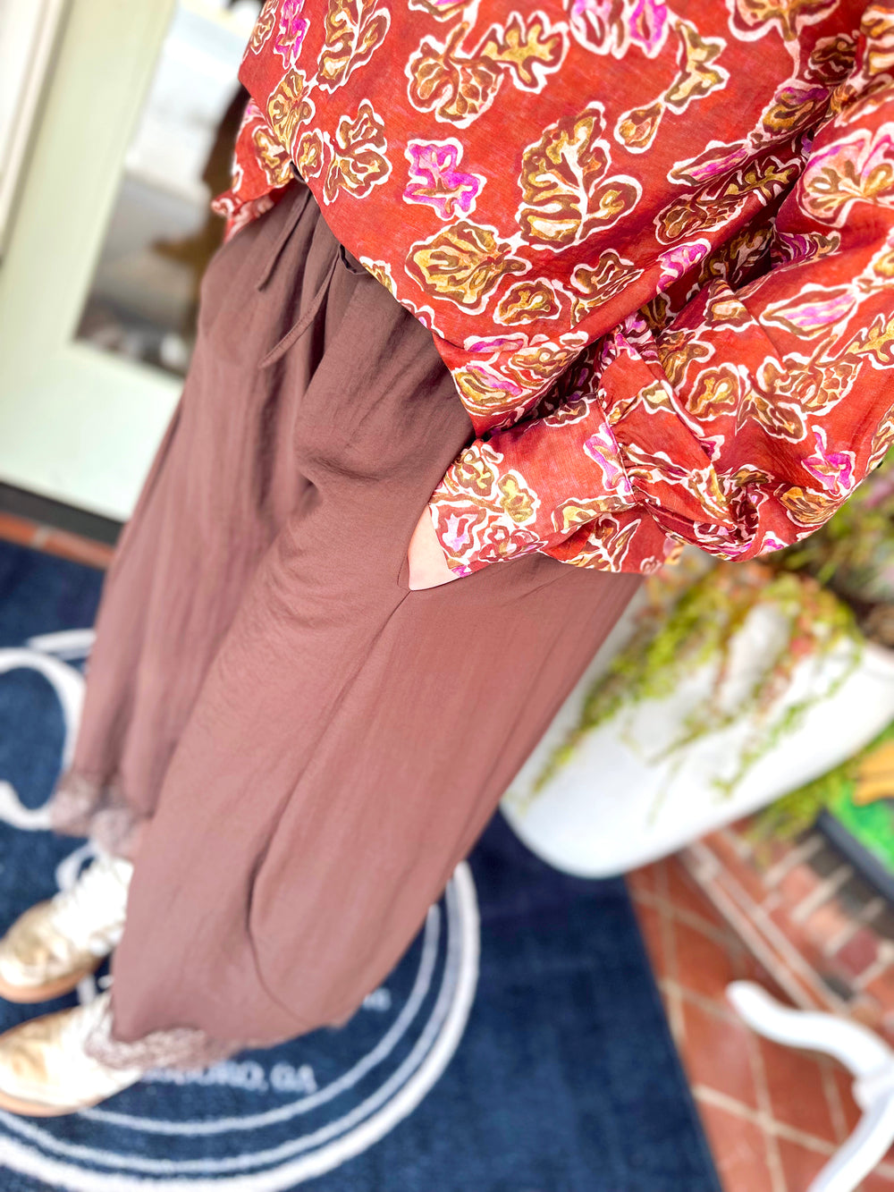 The Sutton Cropped Lace Trim Balloon Pants in Brown (S-L)
