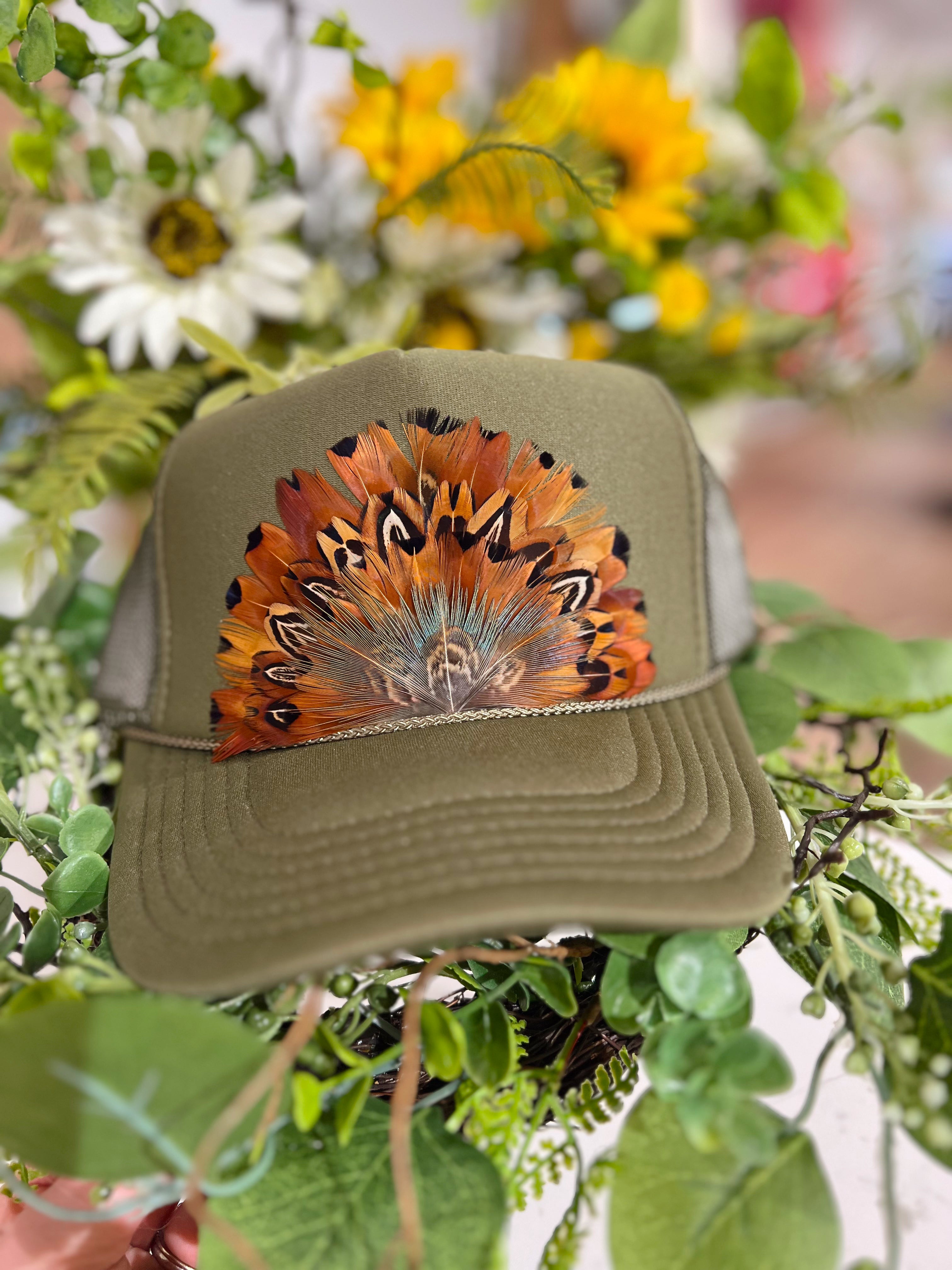 The Harper Olive Green Feathered Trucker Hat