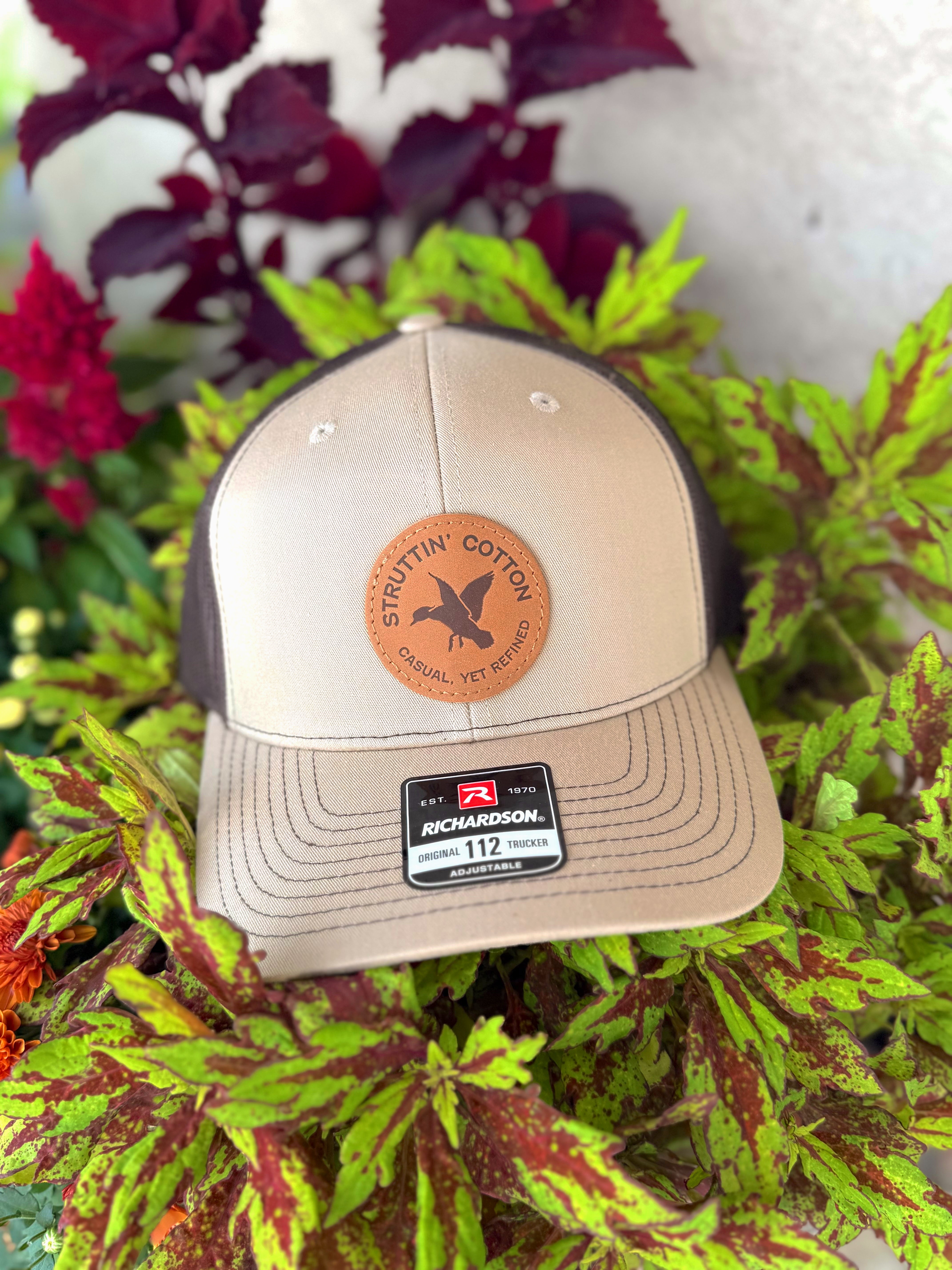 Leather Woodie Circle Patch Khaki Trucker Hat by Struttin' Cotton