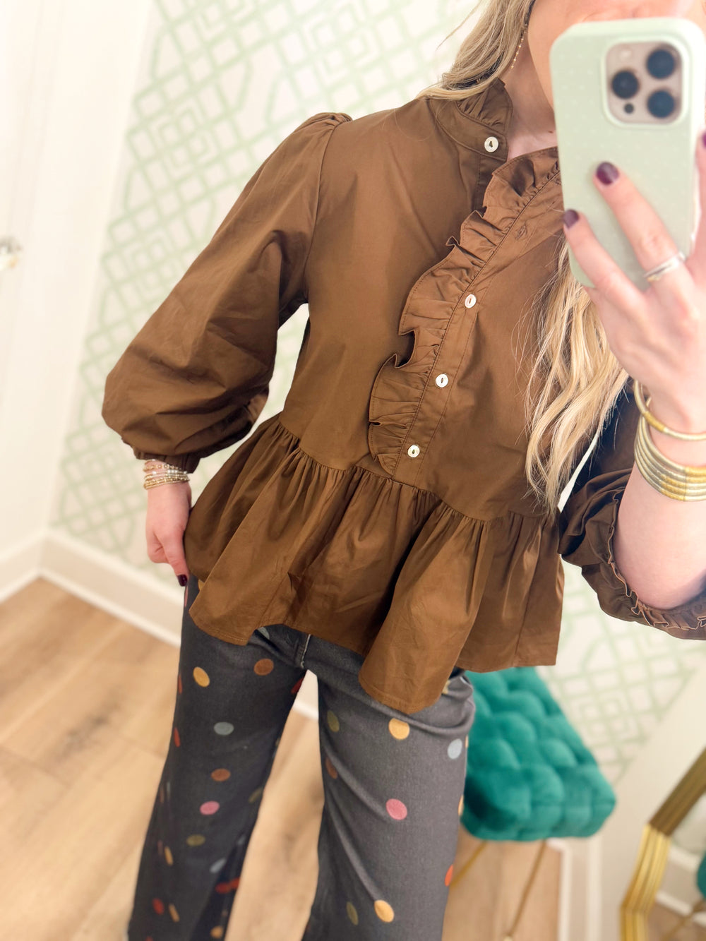 The Samantha Ruffle Peplum Top in Brown (S-L)