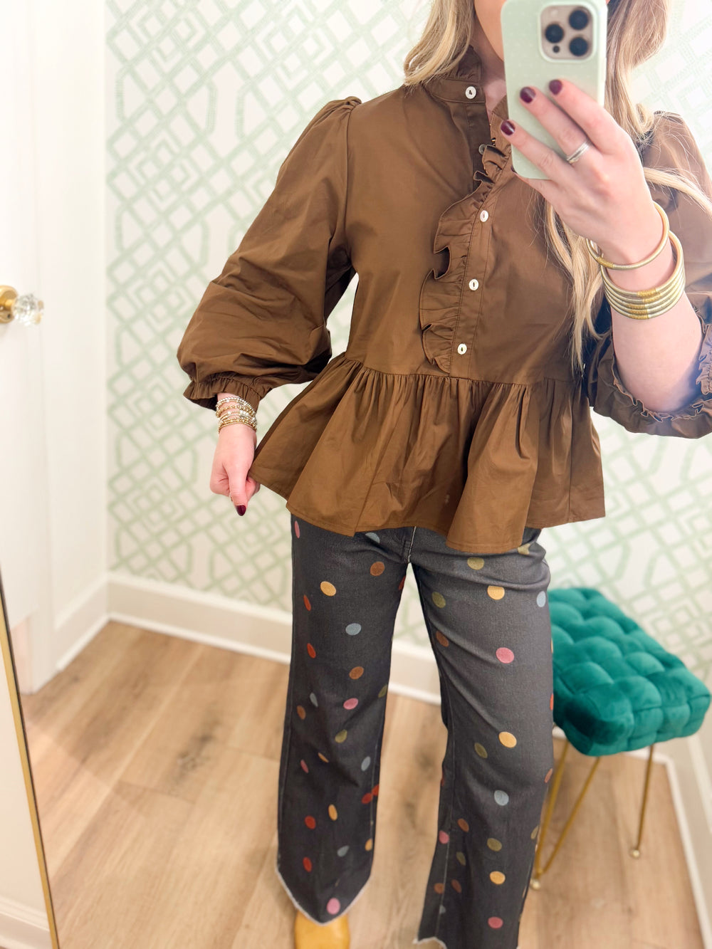 The Samantha Ruffle Peplum Top in Brown (S-L)