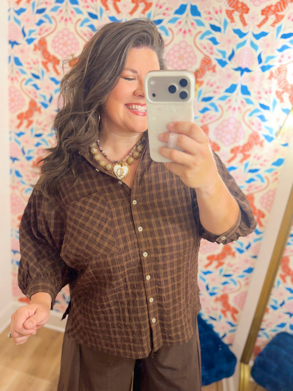 The Willa Plaid Oversized Top in Brown (S-L)