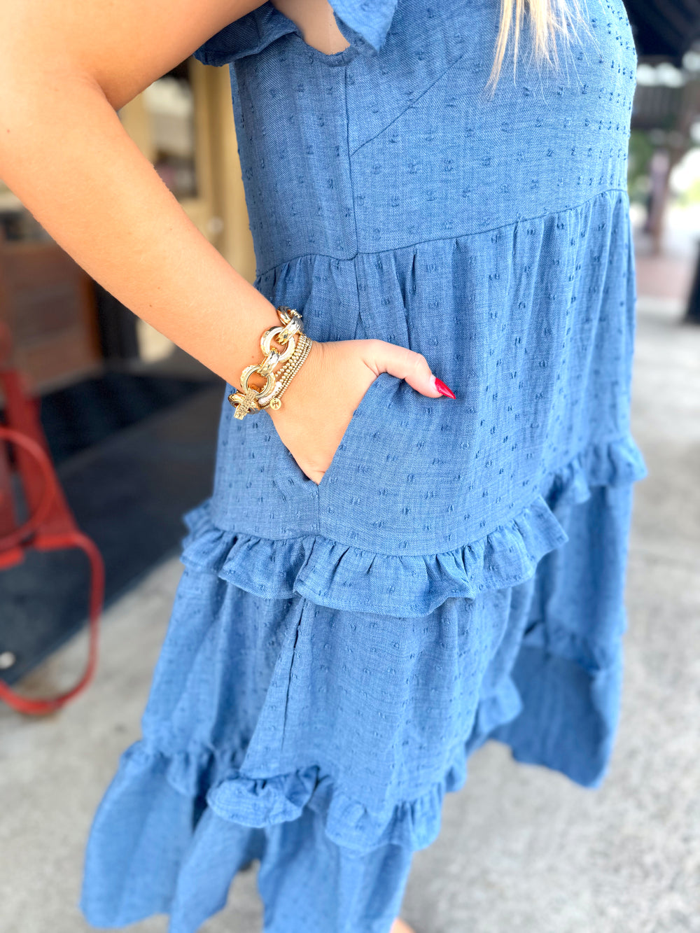 The Dani Denim Ruffle Midi Dress (S-L)