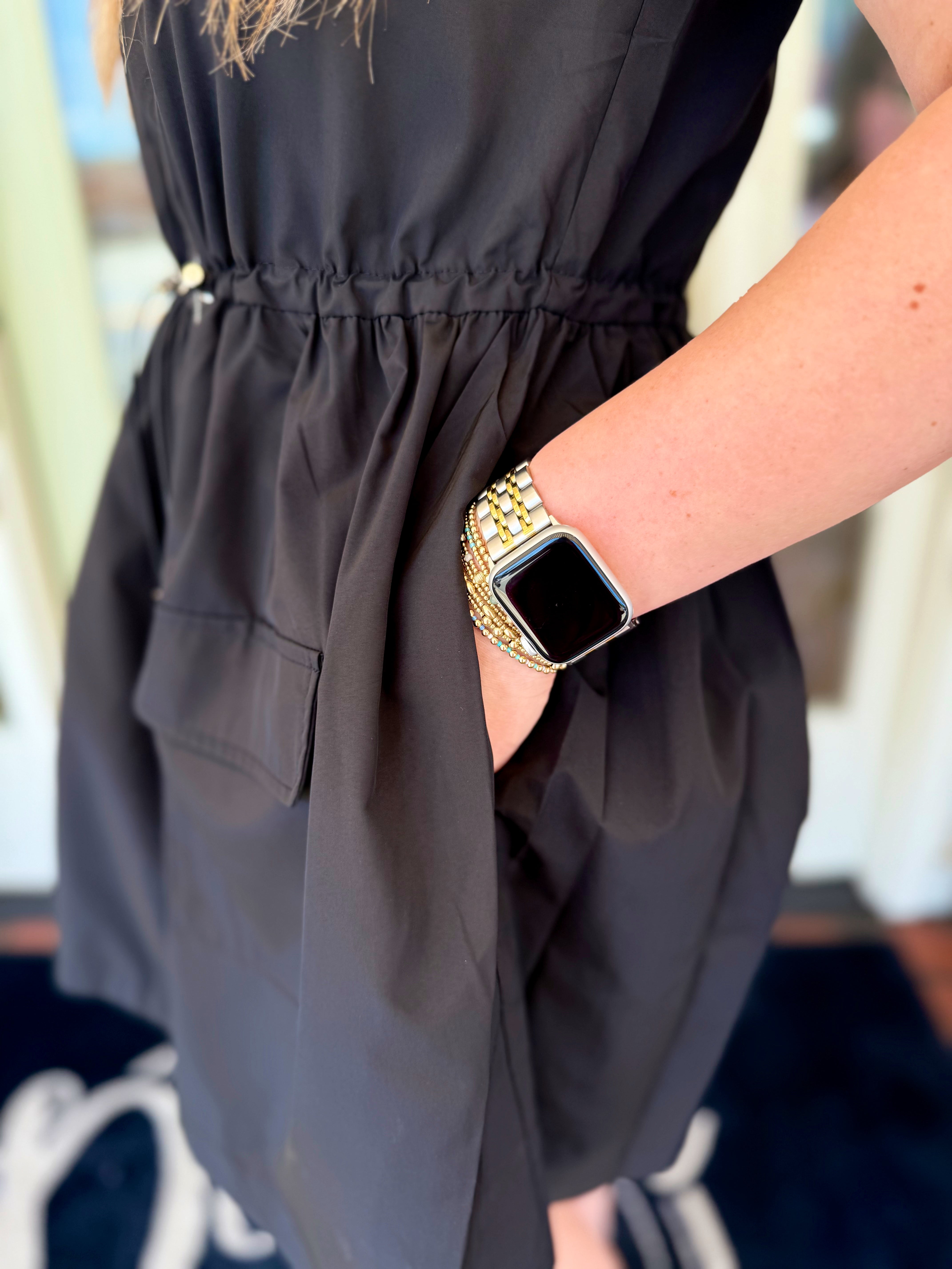 Solid Pocket Cinch Waist Dress by Karlie