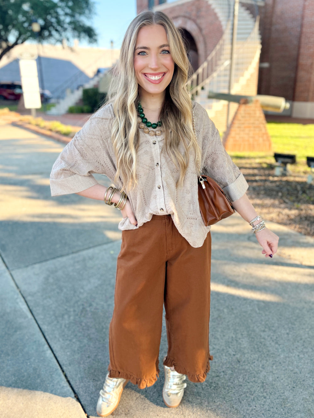 The Camden Ruffle Trim Pants in Brown (S-L)