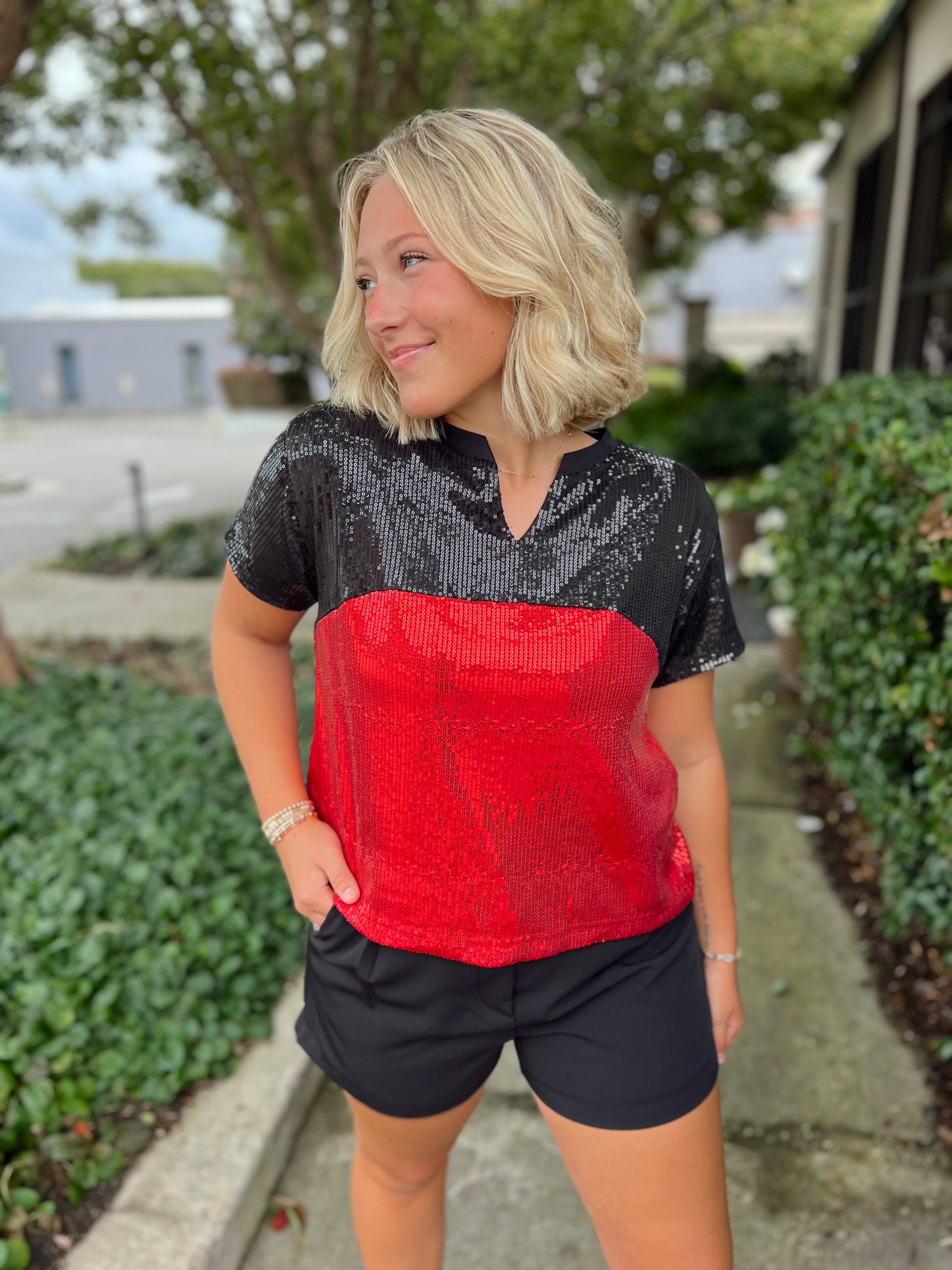 The Diane Red and Black Colorblock Sequin Top