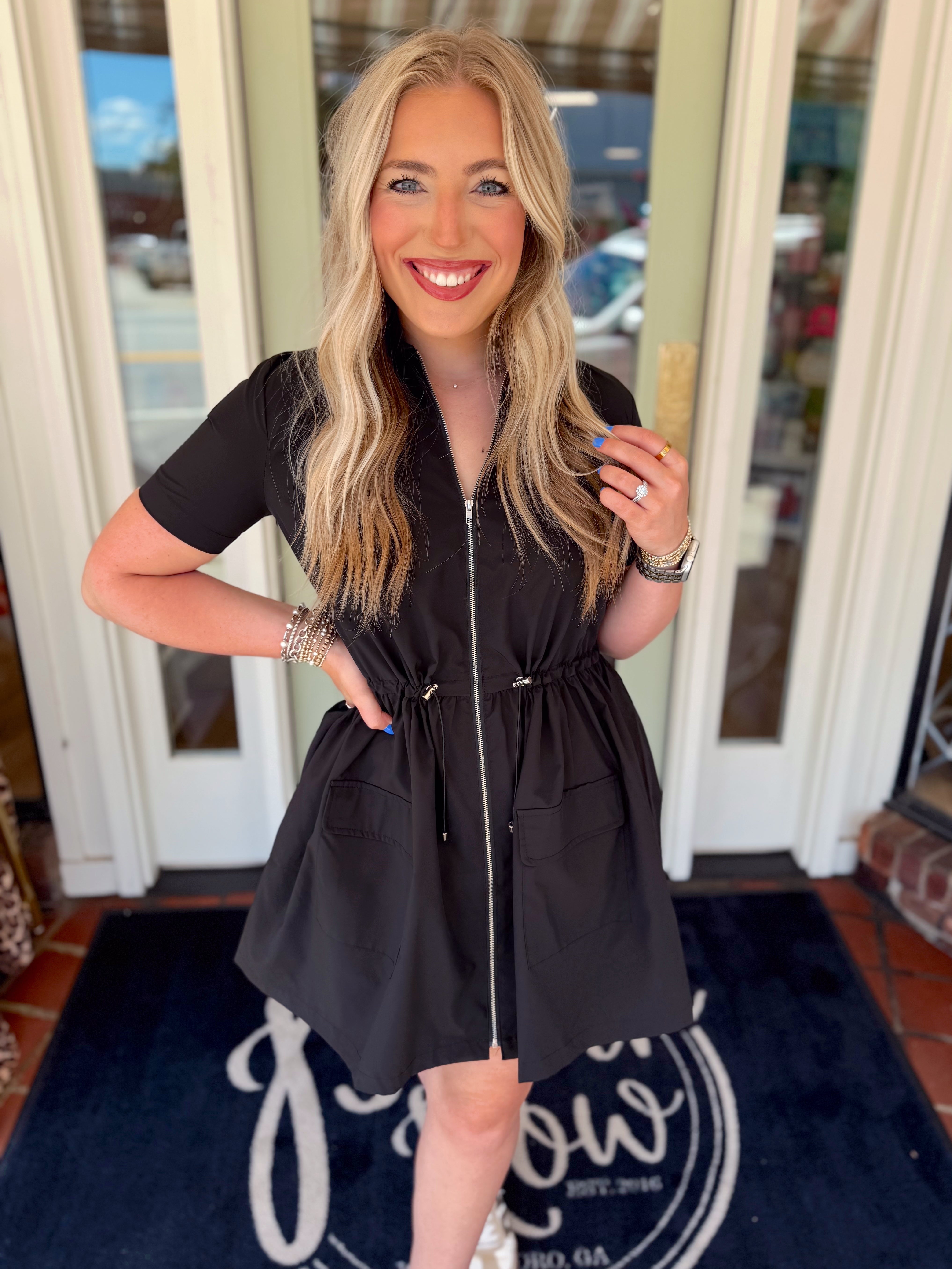 Solid Pocket Cinch Waist Dress by Karlie