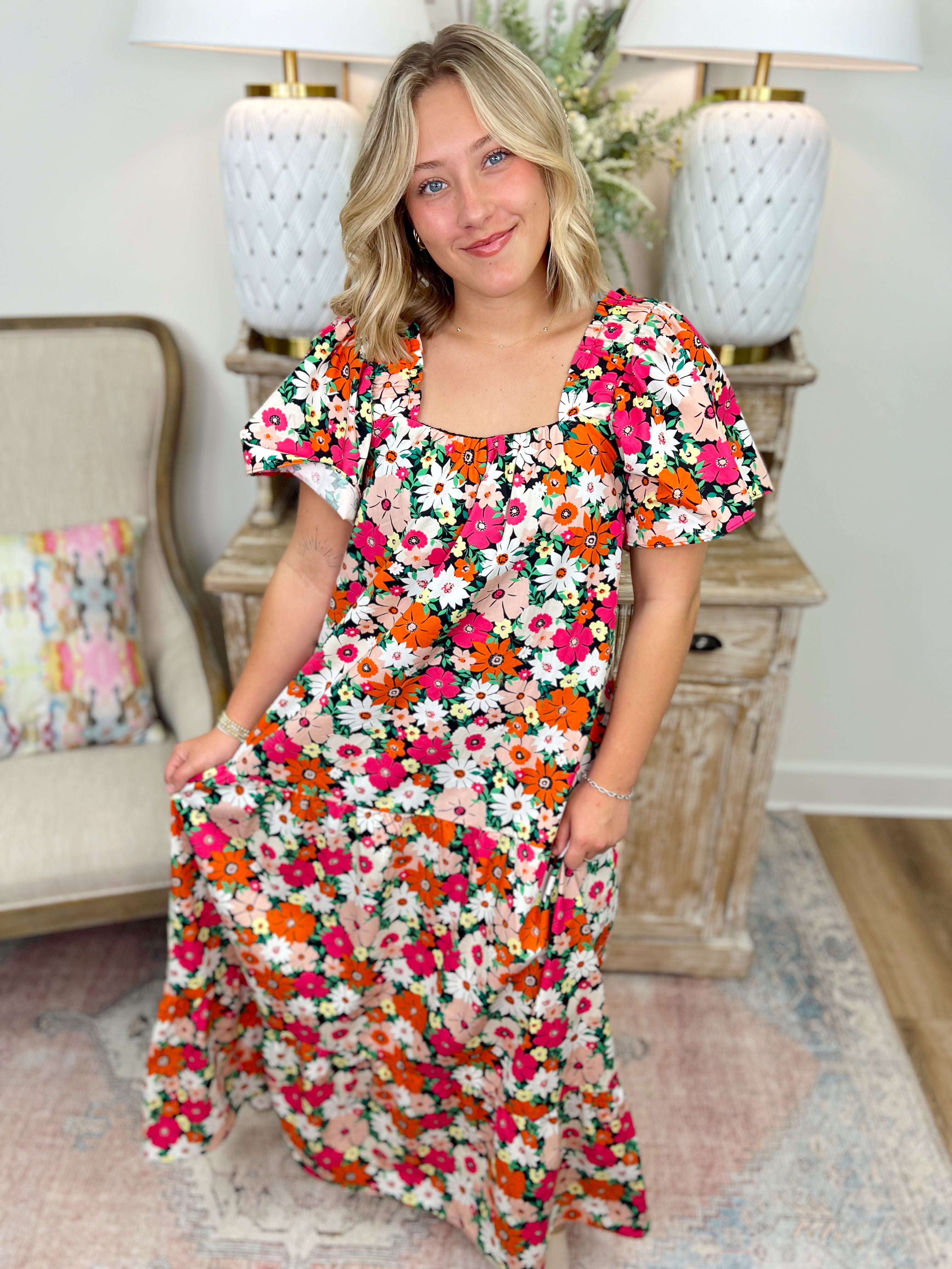 Floral Multi Poplin Square Neck Maxi Dress