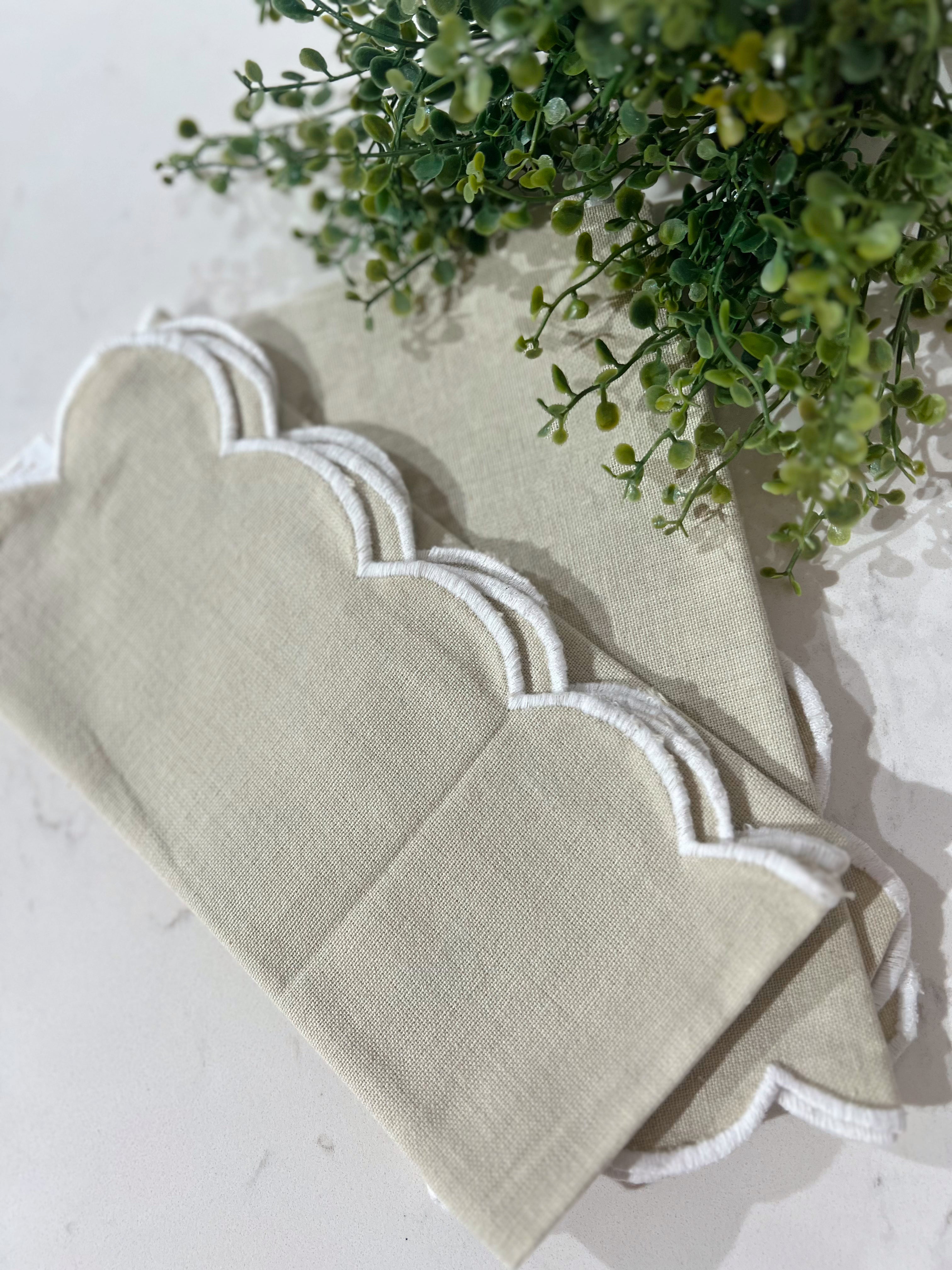 Tan & White Scalloped Napkin by Two's Company