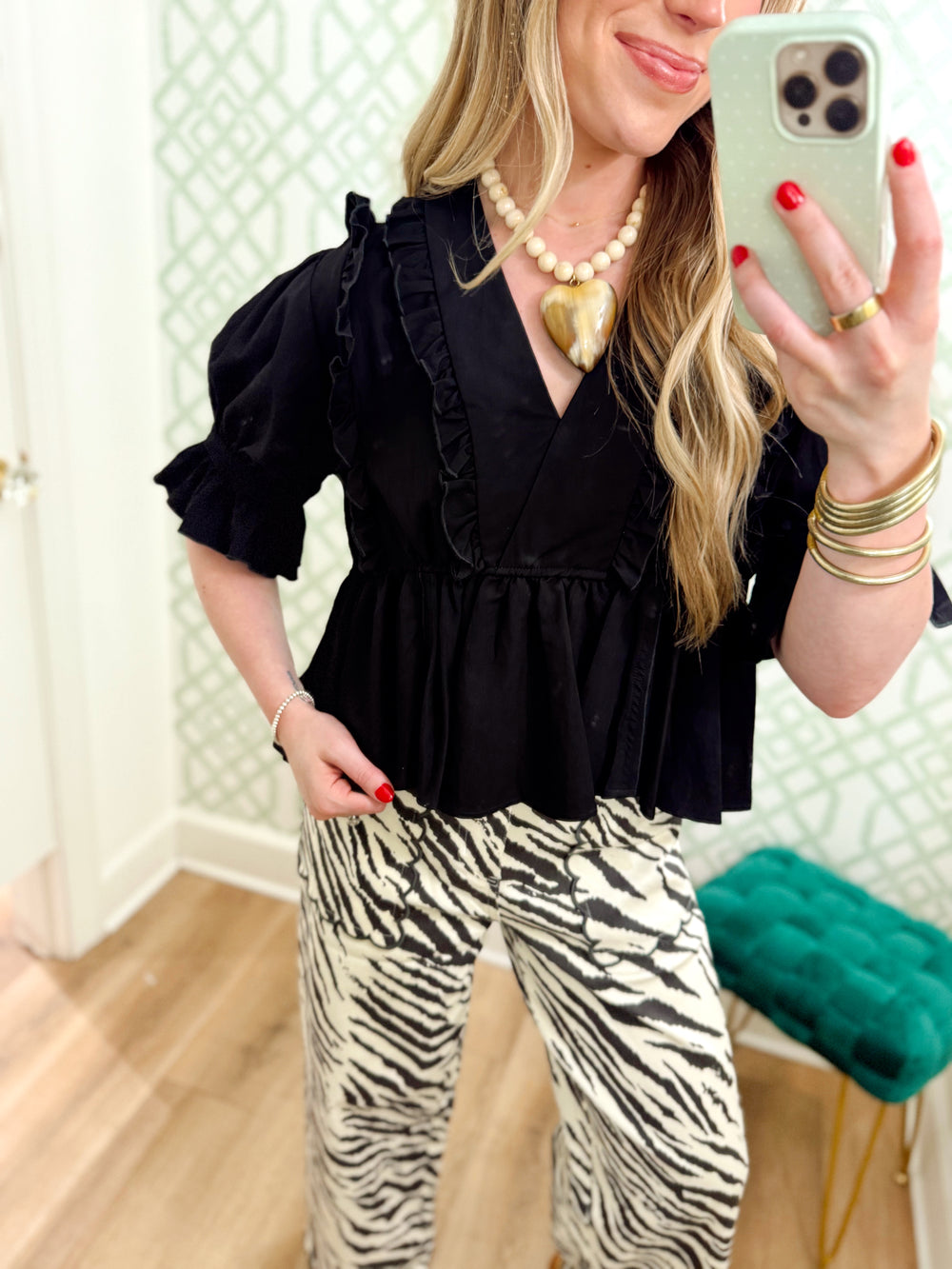 The Nellie Ruffle Trim Top in Black (S-L)
