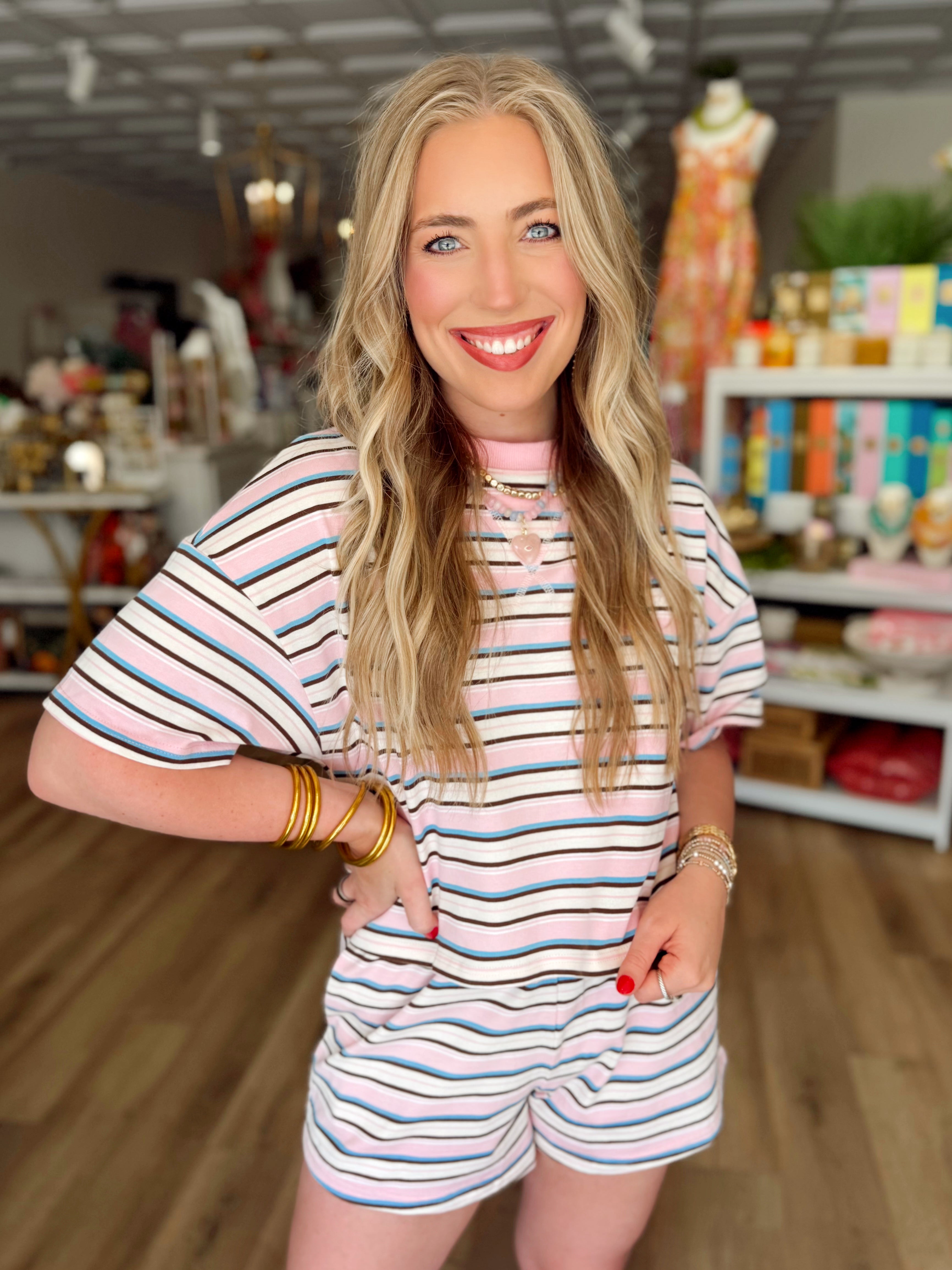 The Halsey Striped Boxy Top in Pink (S-L)