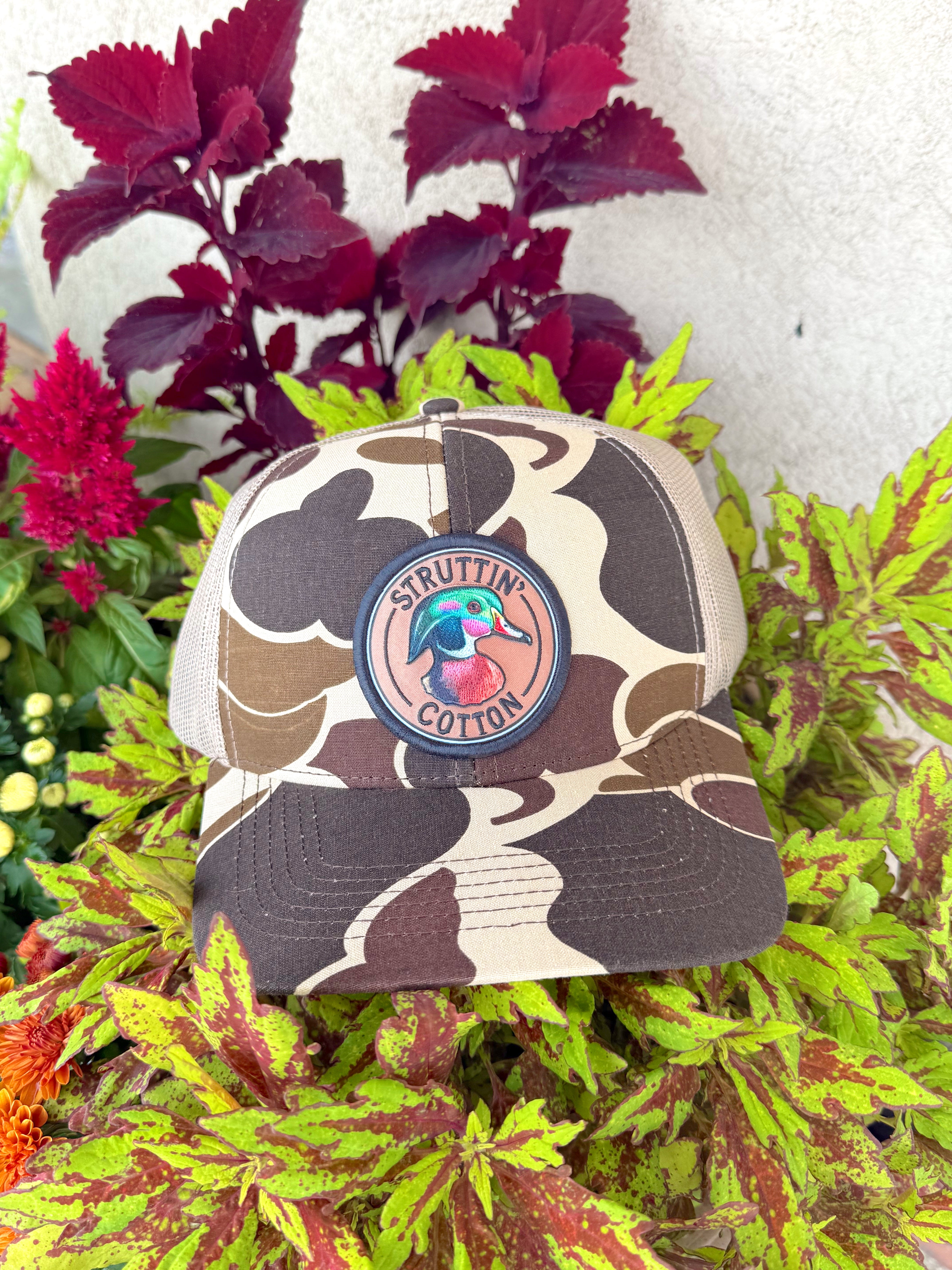 Wood Duck Cherish Patch New School Camo Trucker Hat by Struttin' Cotton