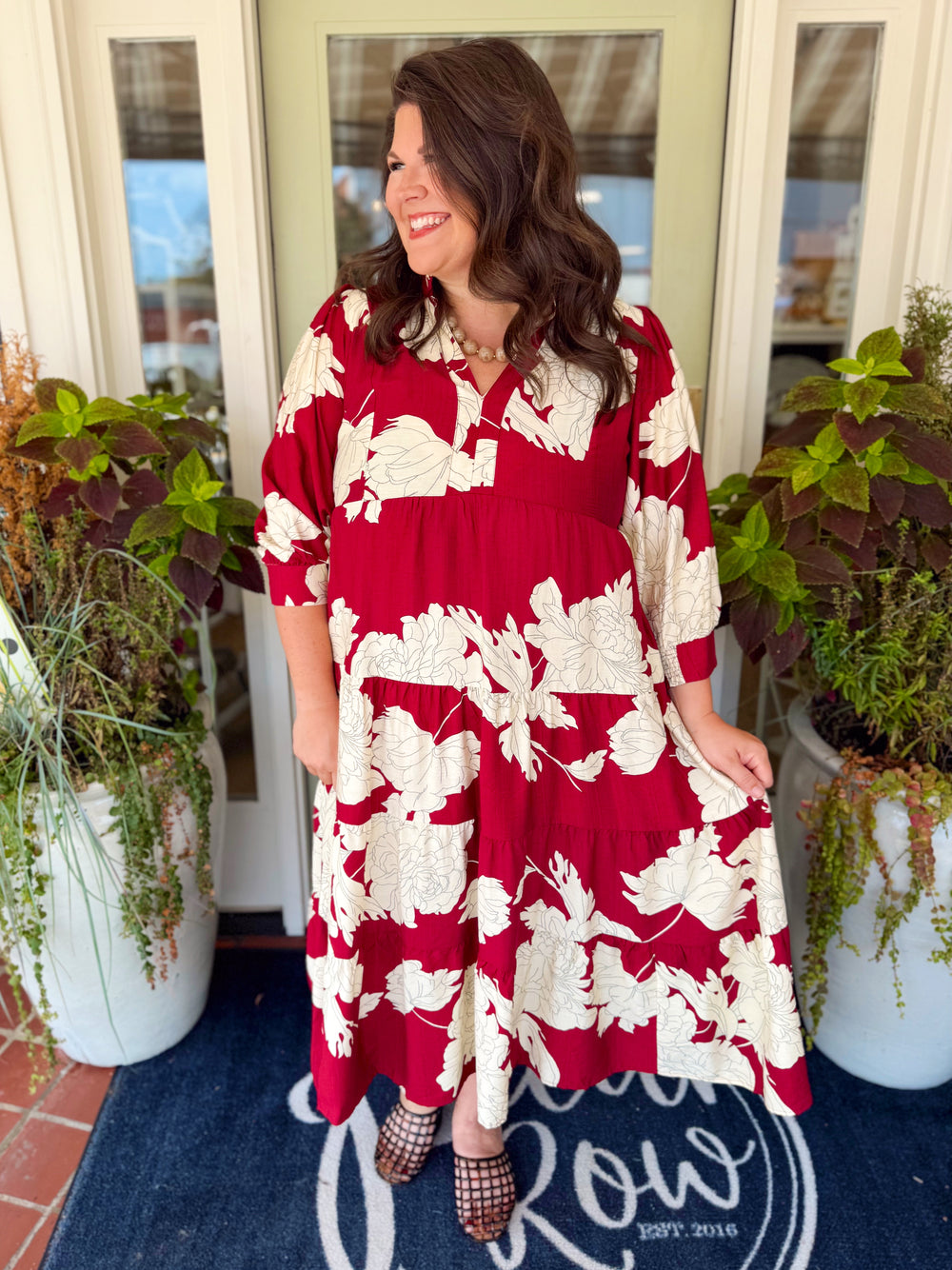 The Alisha Floral Tiered Maxi Dress in Burgundy (XL-2X)