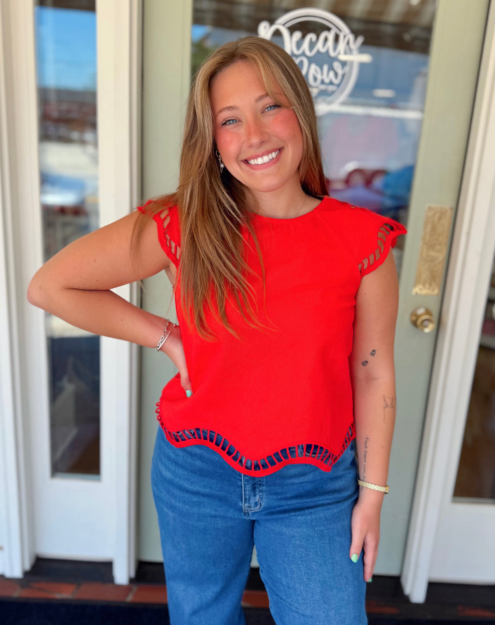 The Poppy Lane Red Eyelet Trim Top (S-L)