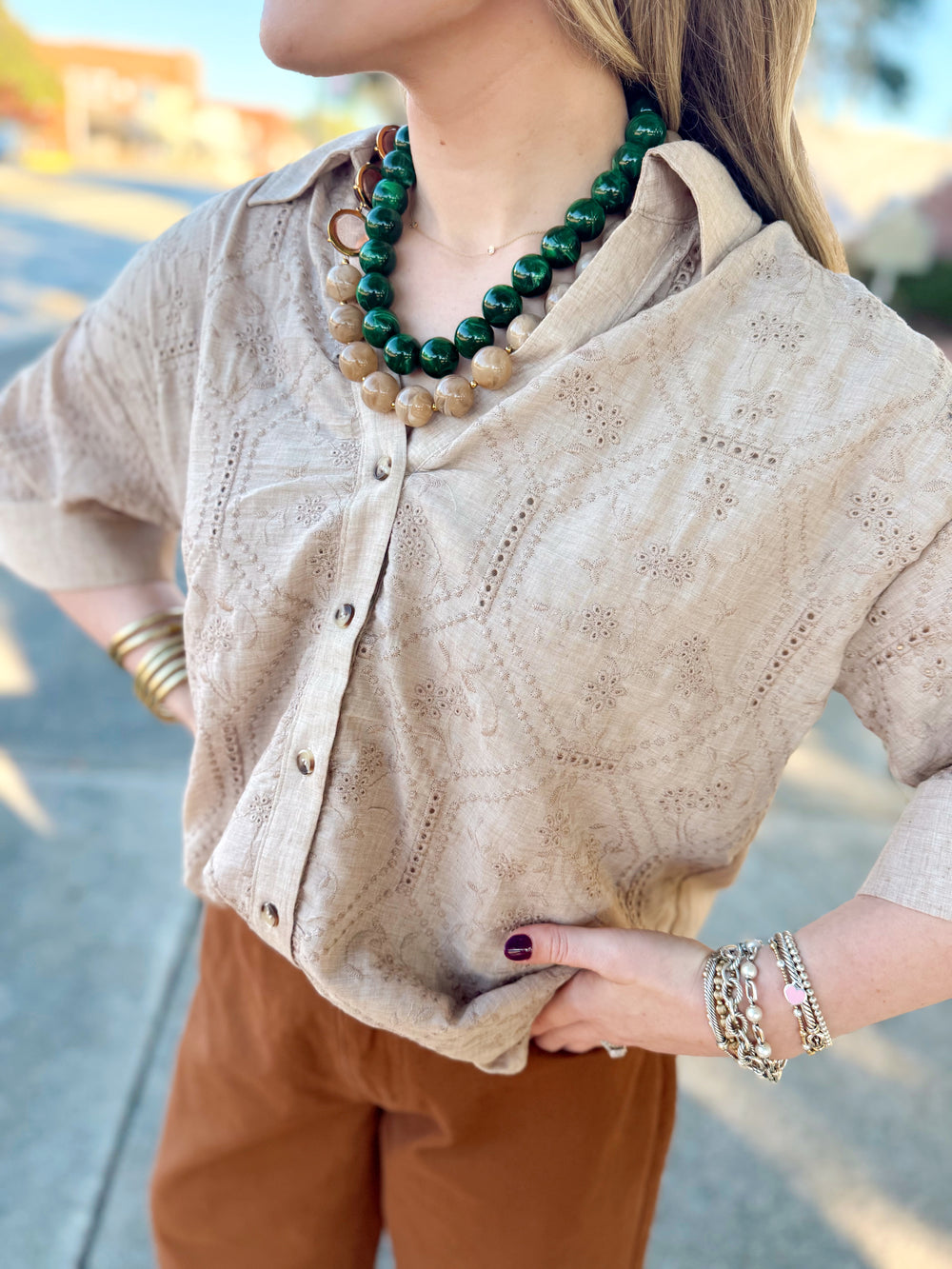 The Kat Eyelet Taupe Top (S-L)