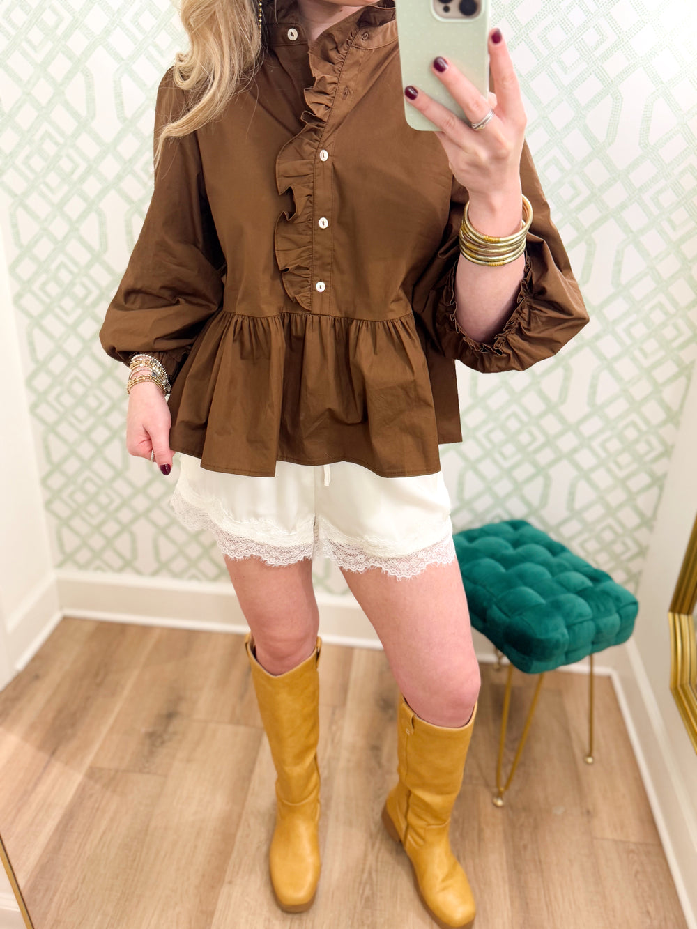 The Samantha Ruffle Peplum Top in Brown (S-L)