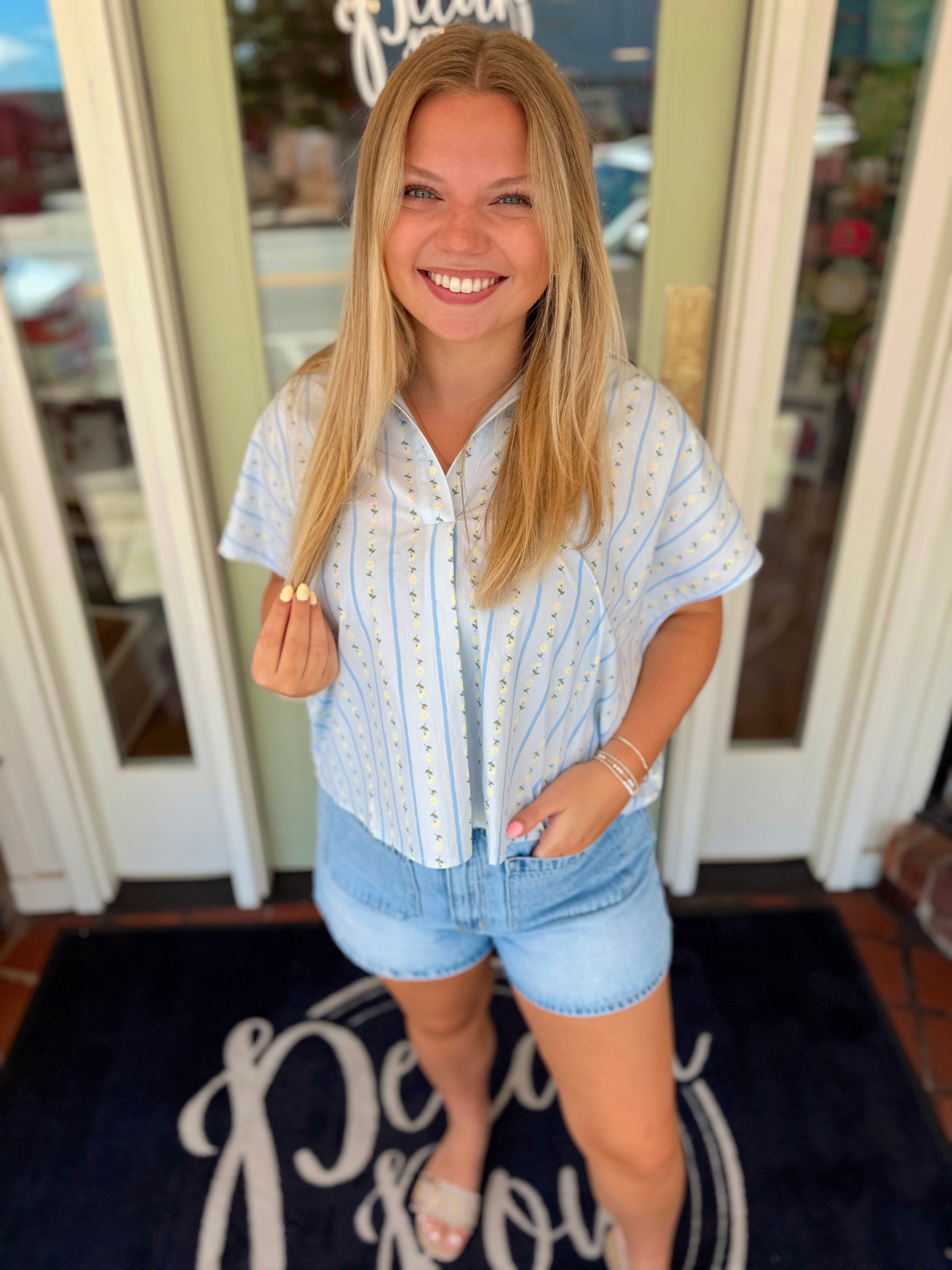 Floral Stripe V-Neck Collar Top by Karlie