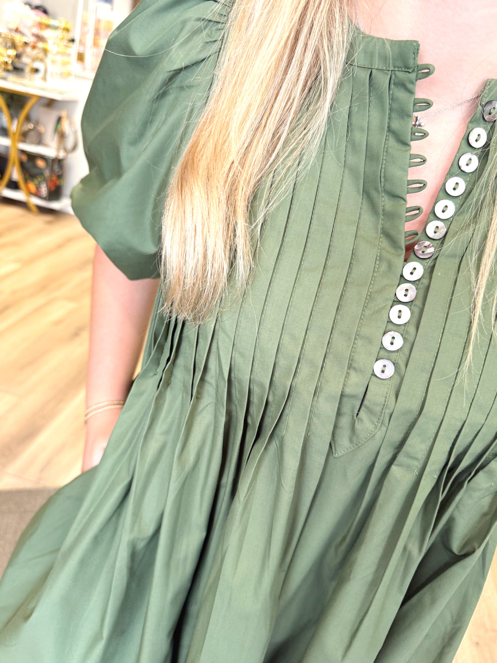 The Willow Pleated Dress in Olive (S-L)