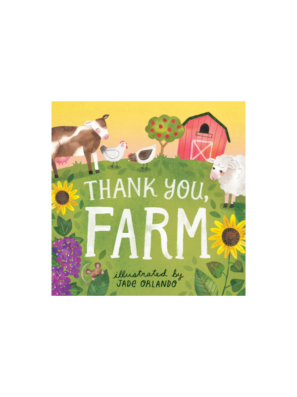 Book cover with farm animals and 'Thank You, Farm' text on a colorful background