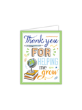 Greeting card with 'Thank you for helping me grow' text and educational illustrations on a white background.