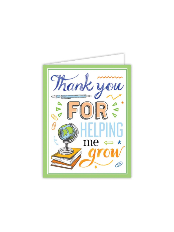 Greeting card with 'Thank you for helping me grow' text and educational illustrations on a white background.
