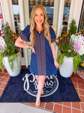 Navy v-neck dress with camel embroidered detailing 