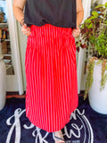 Red and white striped midi skirt with a smocked waistband 
