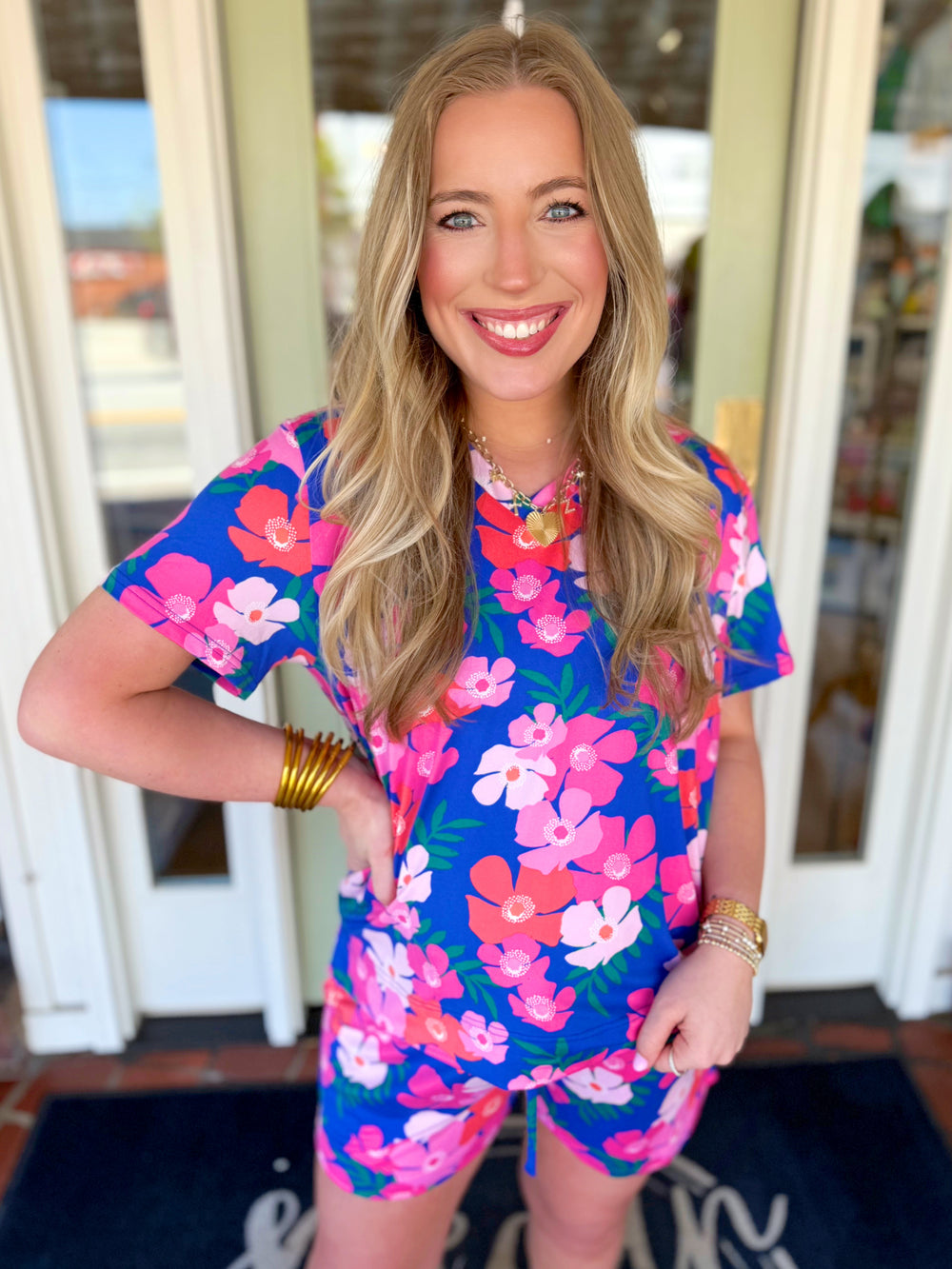 Blue and pink floral pajama set 