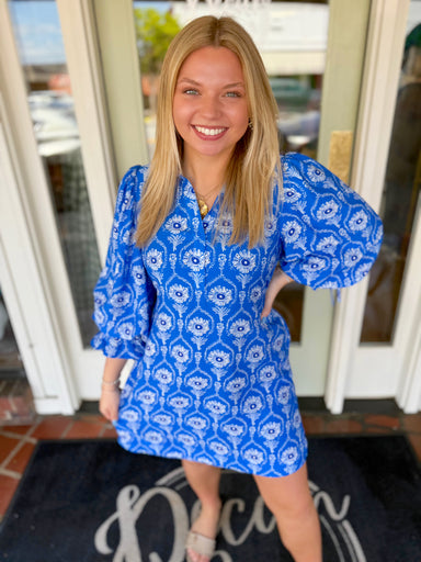 Blue patterned floral dress with tie in the back