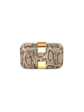 Beige snake print bag with gold accents and a removable gold crossbody chain