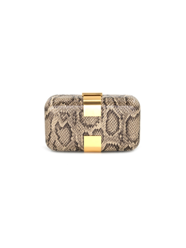Beige snake print bag with gold accents and a removable gold crossbody chain