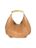 This camel hobo bag features a soft, slouchy silhouette with subtle pleated detailing and a statement marbled top handle that sets it apart.