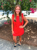 A sleeveless red mini dress with shoulder bows
