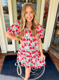 Red, green, pink, and white floral mini dress with subtle puff sleeves