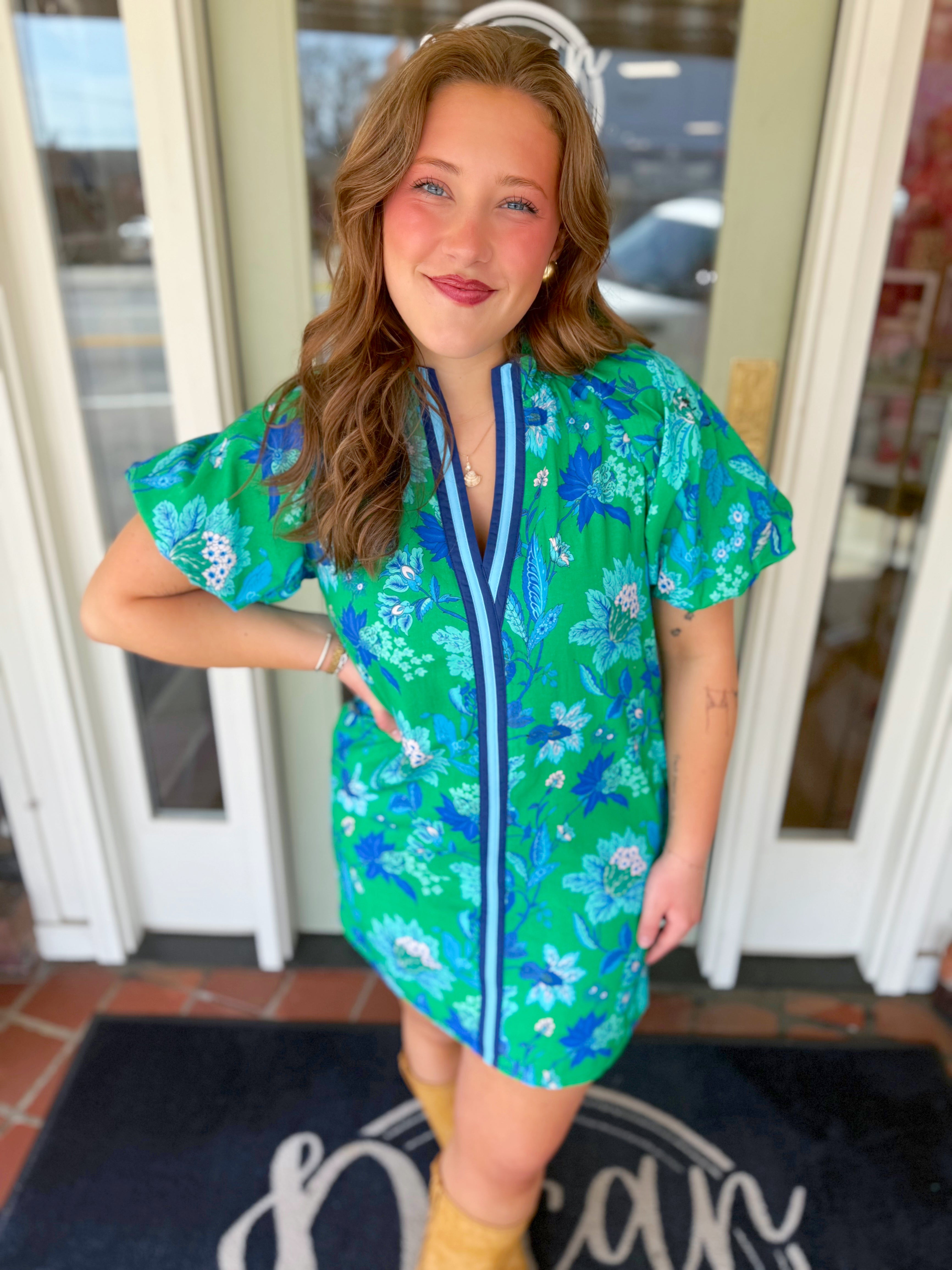Green and blue floral mini dress 