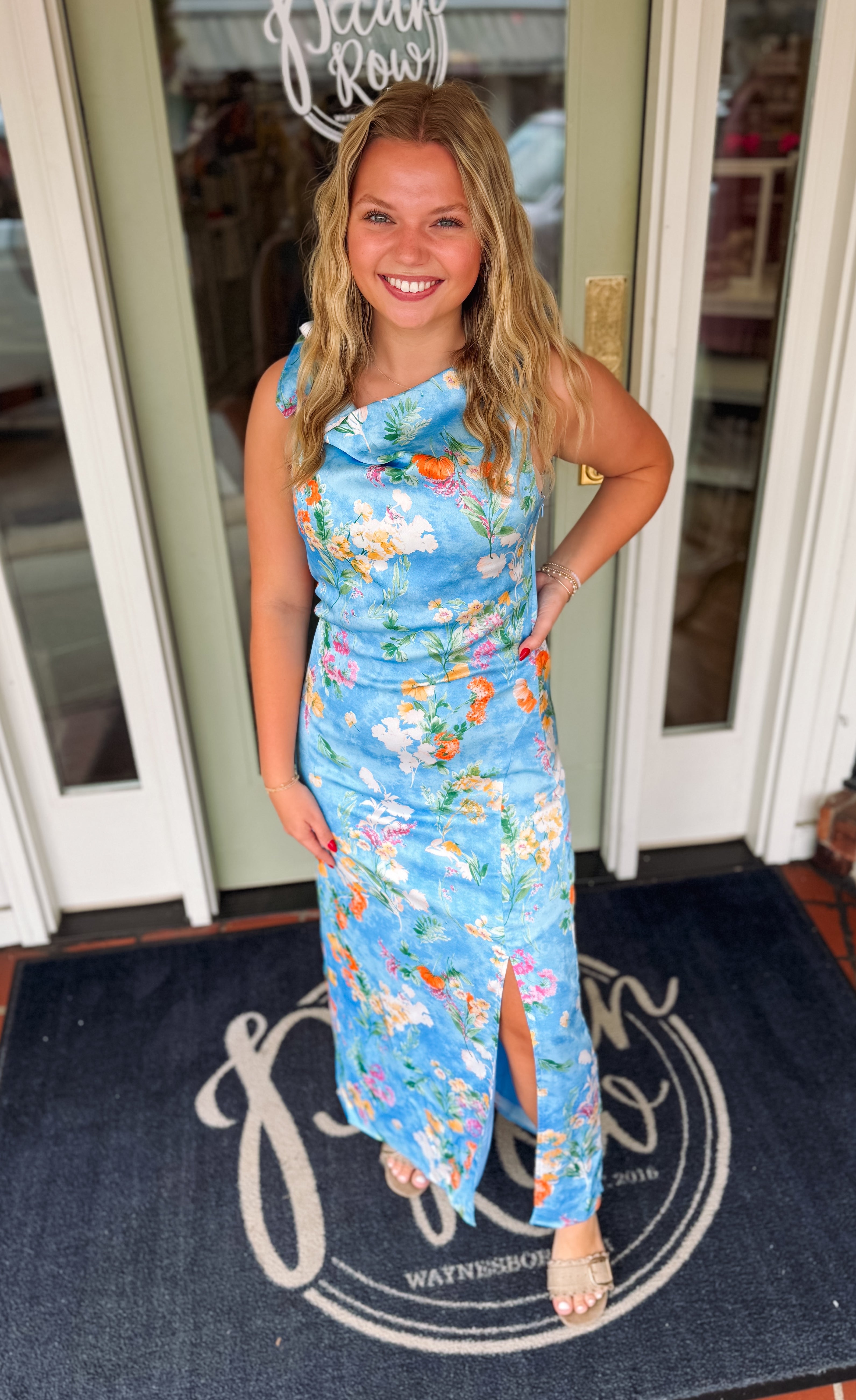The Blue Floral Satin Dress (S-L) — Pecan Row