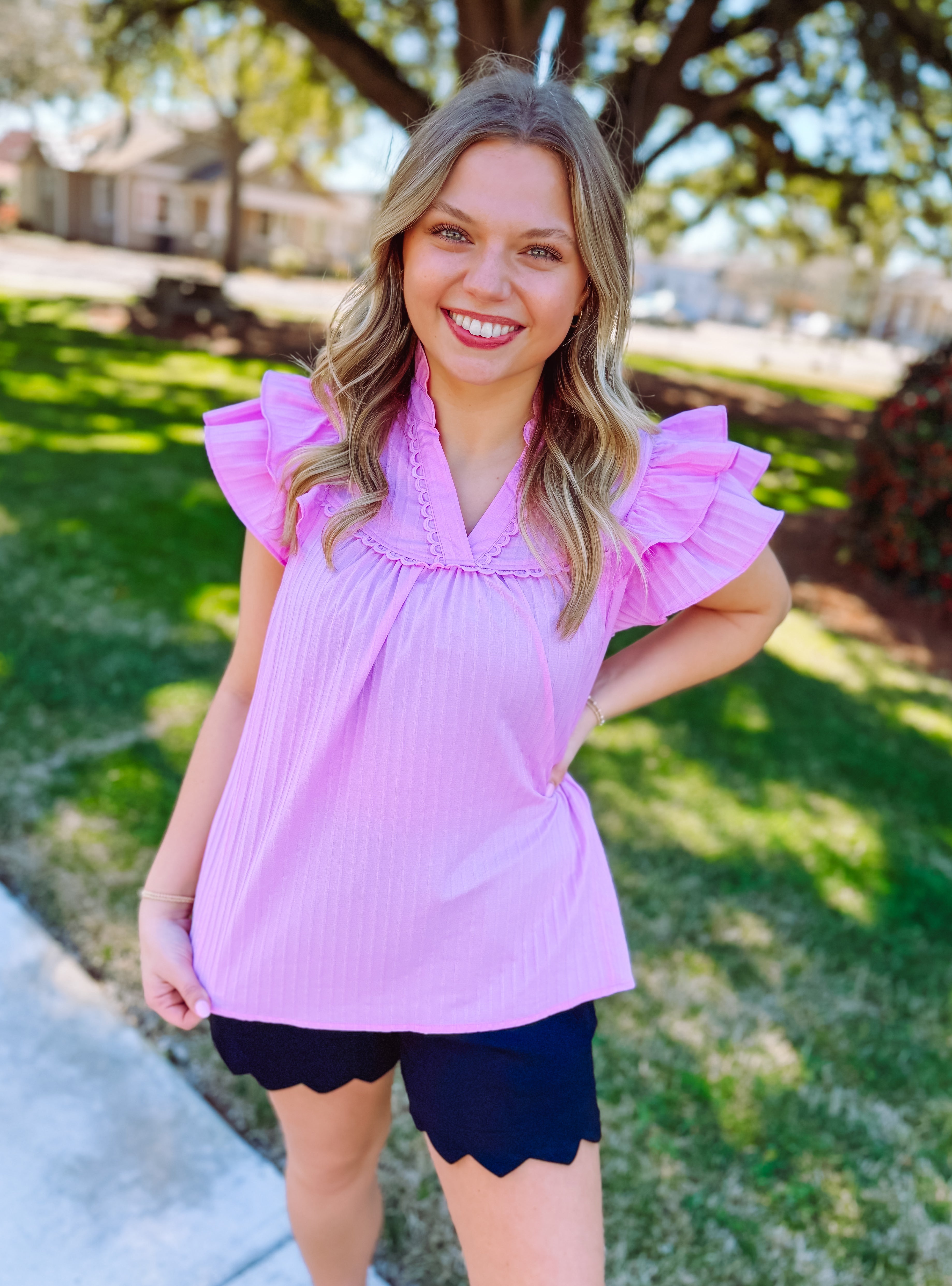 Babydoll style top with ruffle sleeves