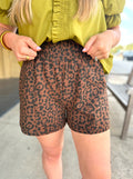 Brown leopard-print shorts with an elastic waistband