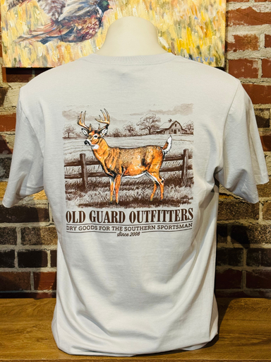 deer in front a fence on a gray tee