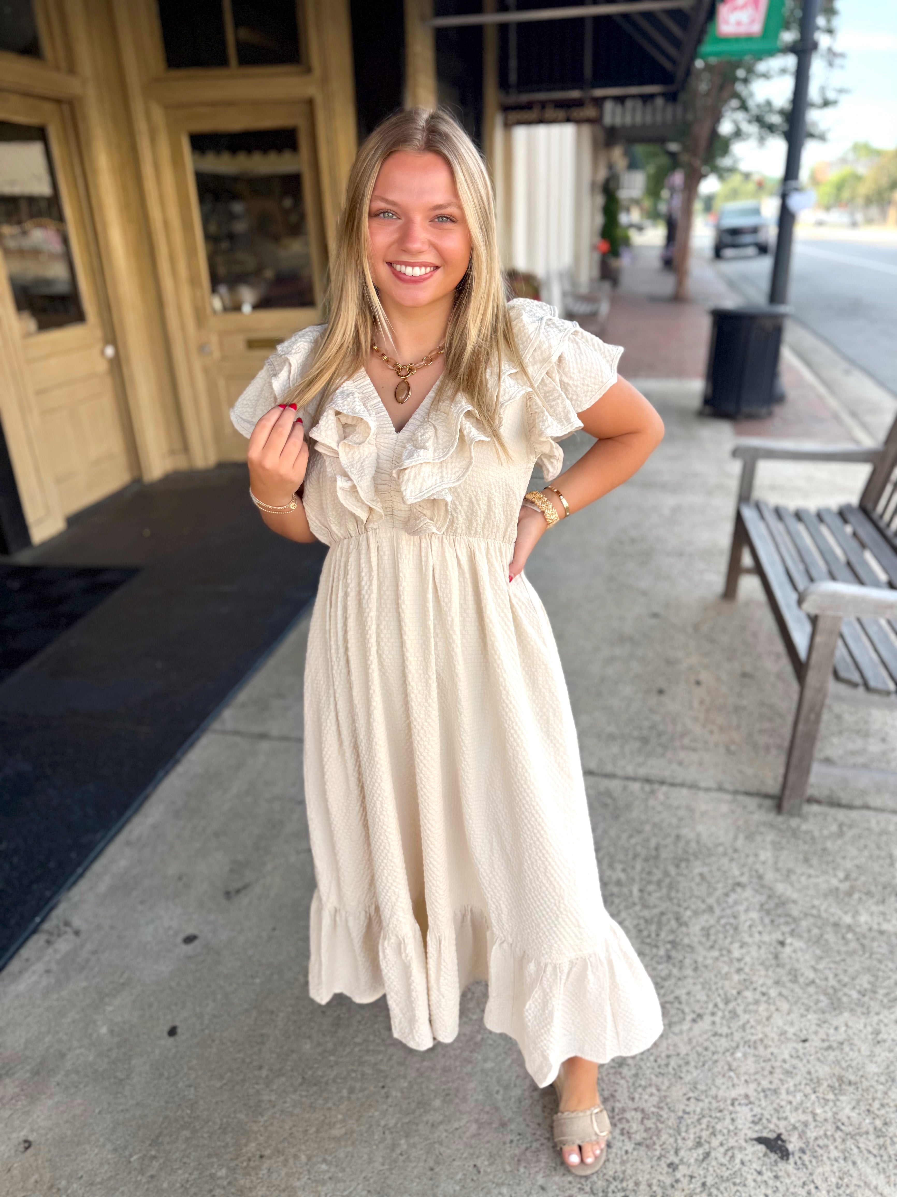 The Candace Cream V-Neck Ruffle Midi Dress (S-L) — Pecan Row