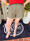 Olive high rise shorts with front pleating details