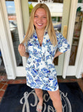 Blue short sleeve floral collared dress 