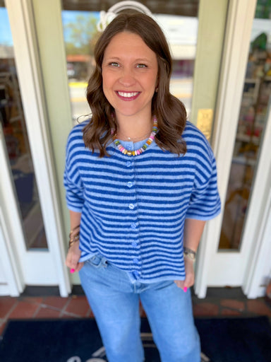 Blue striped button down sweater 