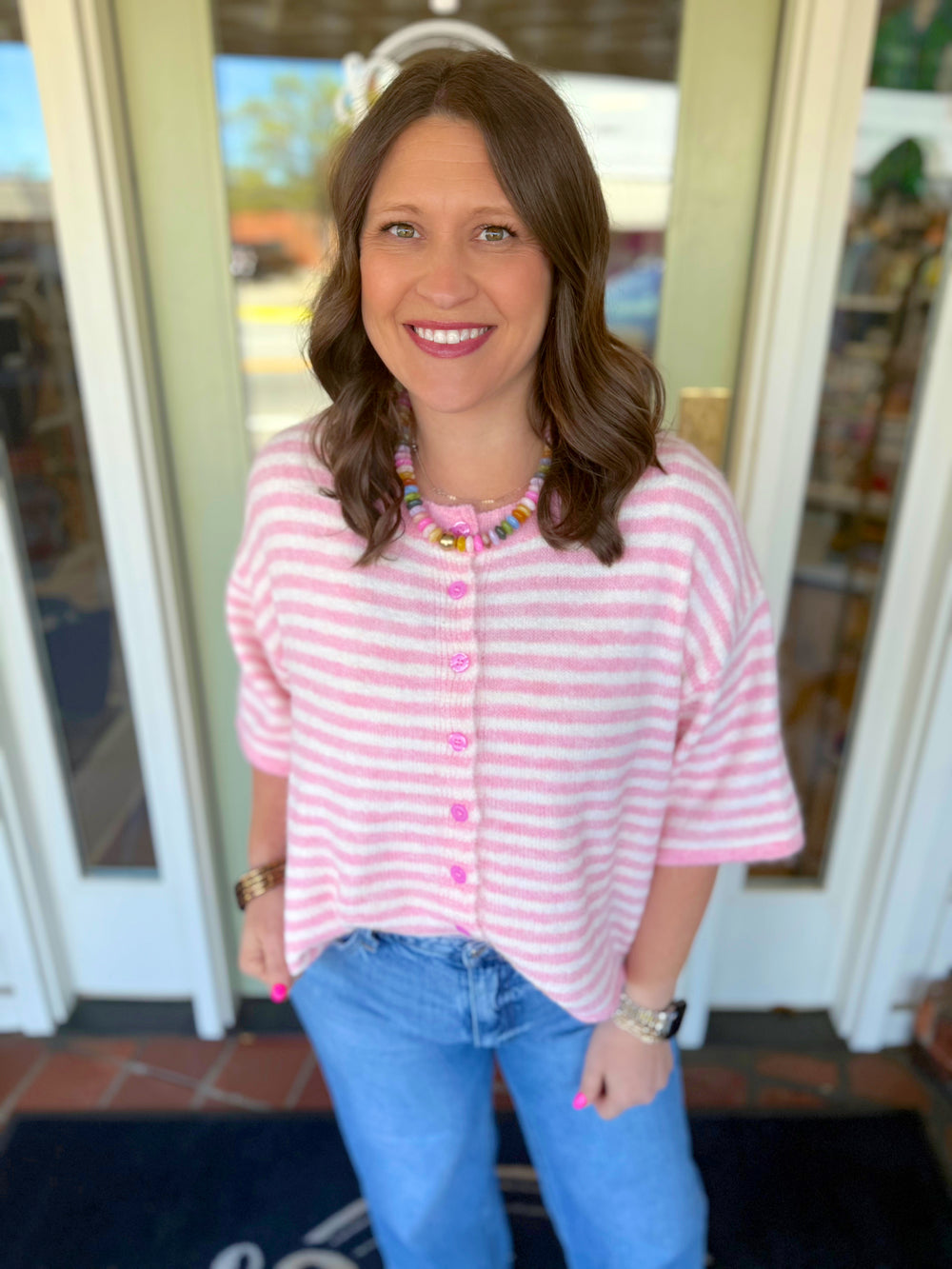 Pink and white striped button down sweater 