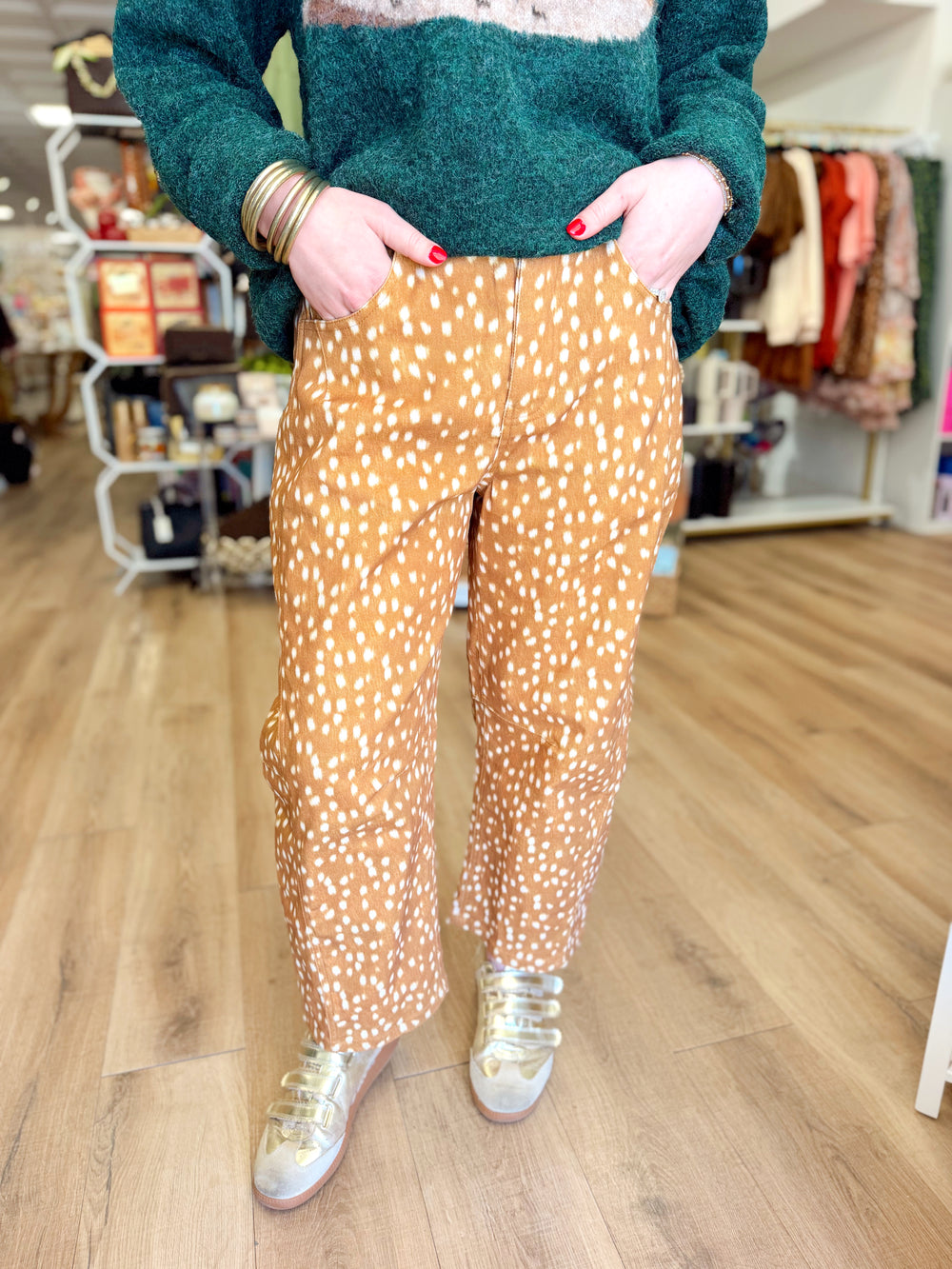  These camel brown pants feature an allover fawn-inspired print that gives them plenty of personality while still working like a neutral. 