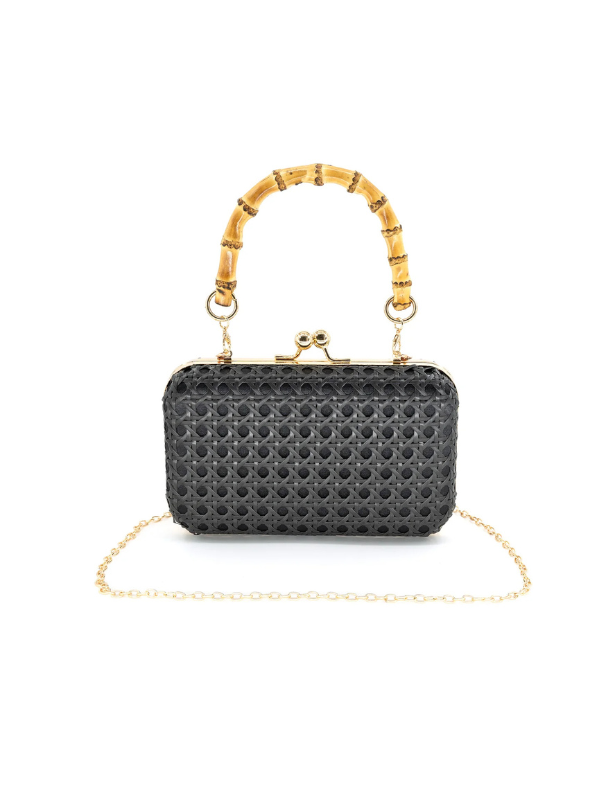 Black clutch with a removable gold chain and bamboo handle
